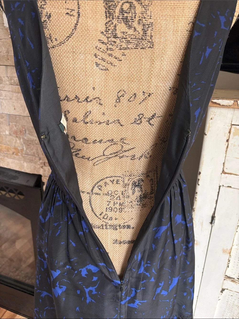 J. Crew 100% silk black and blue sleeveless dress featuring gathered halter neck